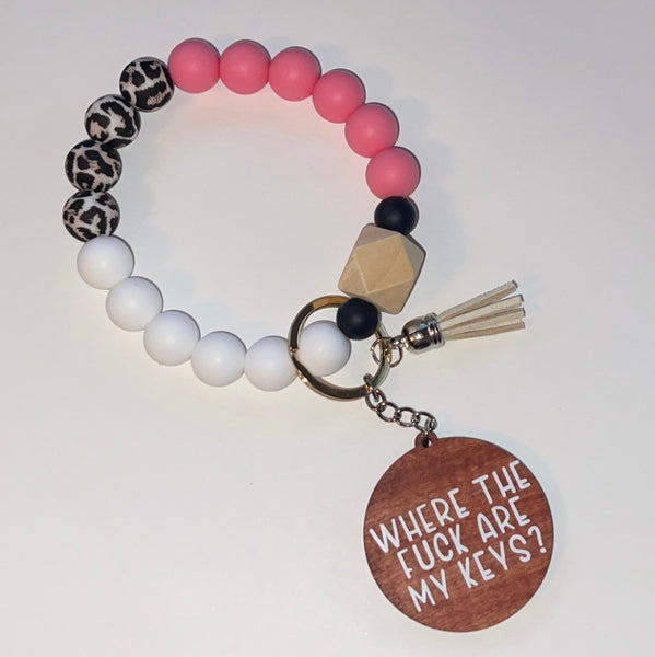 'Where The F*** Are My Keys?' Pink/Black/White/Cheetah Printed Beaded Wristlet With 2" (D) Wooden Charm